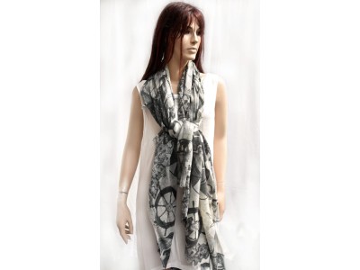 Wollen sjaal of stola, maritieme print, donker en licht grijs en offwhite