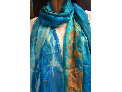 Turquoise met cognac superlichte doorzichtige zijden sjaal