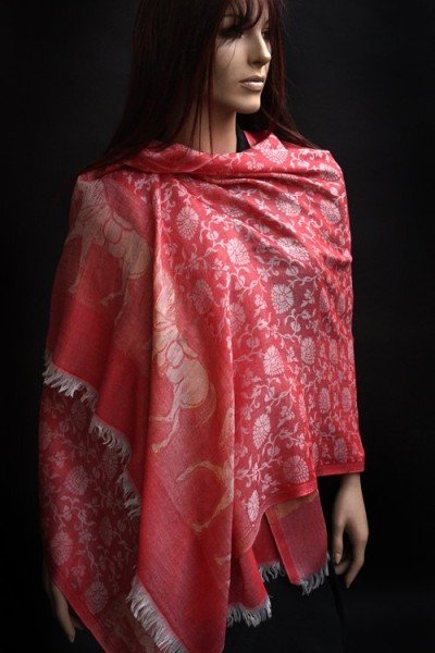 Rood chique sjaaltje of stola met gouden paarden, zijde en pashmina