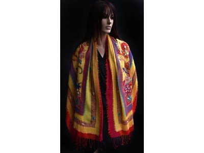 Wollen sjaal, bohemian oker, paars and rood