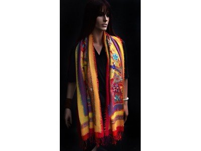 Wollen sjaal, bohemian oker, paars and rood