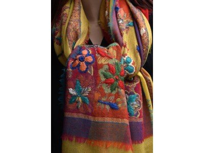 Wollen sjaal, bohemian oker, paars and rood