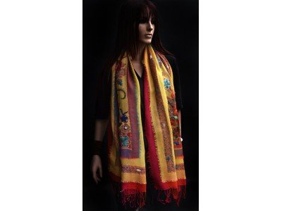 Wollen sjaal, bohemian oker, paars and rood