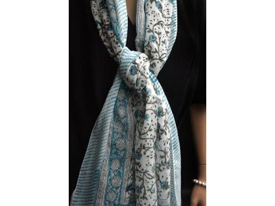 Katoenen sjaaltje met originele blockprint, turquoise, wit, zwart, groen