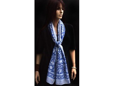 Katoenen origineel blockdrukprint sjaaltje, blauw en wit