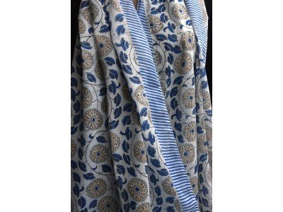 Blockprint sjaaltje van katoen, blauw, oranje en wit