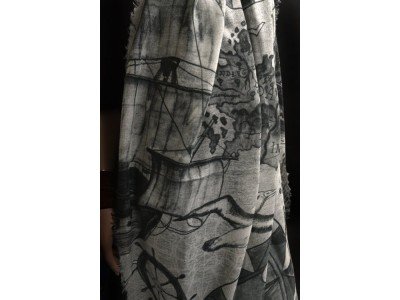 Wollen sjaal of stola, maritieme print, donker en licht grijs en offwhite