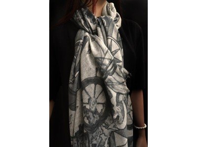 Wollen sjaal of stola, maritieme print, donker en licht grijs en offwhite