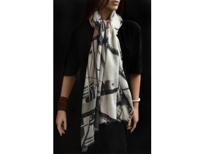 Wollen sjaal of stola, offwhite, grijs, zalm en paars
