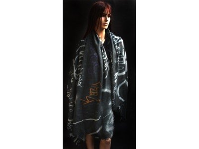 Wollen sjaal of stola, graffity print, grijs, mint, zalm, paars, bruin