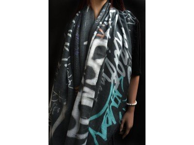 Wollen sjaal of stola, graffity print, grijs, mint, zalm, paars, bruin