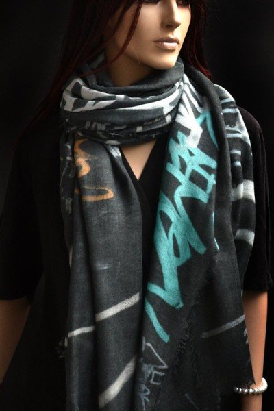 Wollen sjaal of stola, graffity print, grijs, mint, zalm, paars, bruin