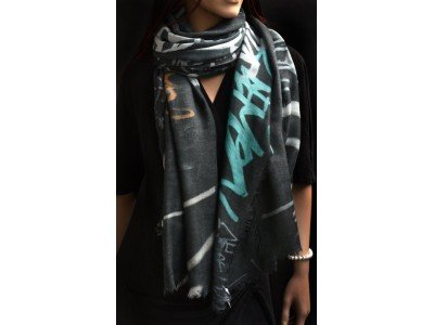 Wollen sjaal of stola, graffity print, grijs, mint, zalm, paars, bruin