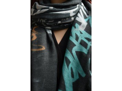 Wollen sjaal of stola, graffity print, grijs, mint, zalm, paars, bruin
