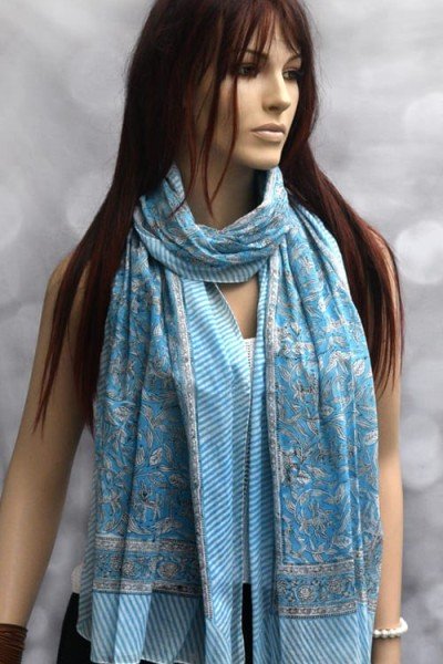 Katoenen sjaaltje met originele blockprint, blauw, zwart, wit