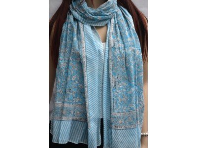 Katoenen sjaaltje met originele blockprint, blauw, zwart, wit