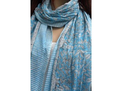 Katoenen sjaaltje met originele blockprint, blauw, zwart, wit
