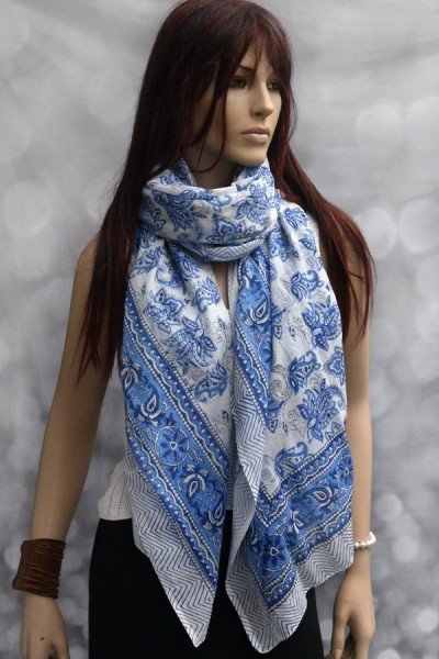 Katoenen sjaal of pareo met originele blockprint, blauw en wit
