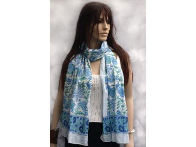 Katoenen blockprintsjaaltje, blauw, groen en wit