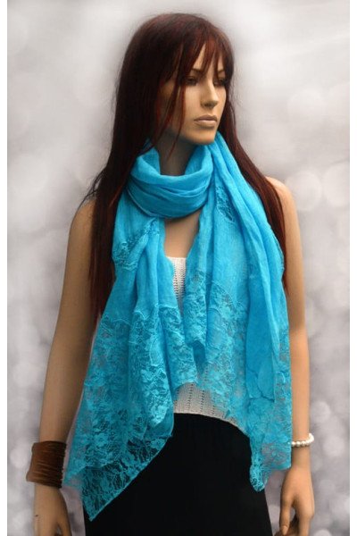 Linnen sjaaltje met kant, turquoise