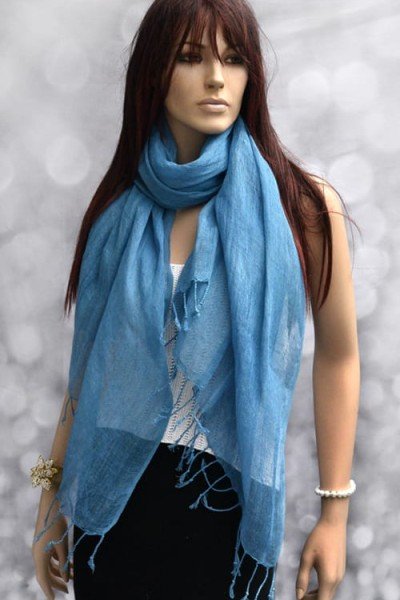 Effen linnen sjaal met franjes, blauw