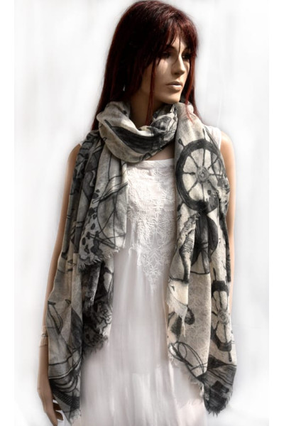 Wollen sjaal of stola, maritieme print, donker en licht grijs en offwhite