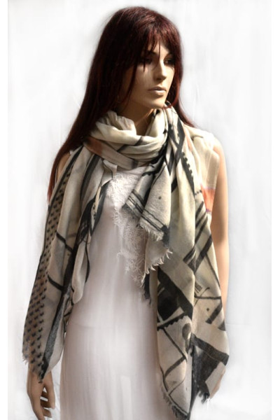 Wollen sjaal of stola, offwhite, grijs, zalm en paars