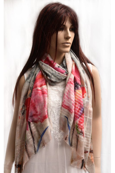 Chique en elegante wollen sjaal of stola, bloemen met vrolijke kleuren, pailletjes