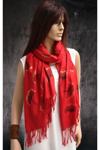 Superzachte sjaal met print ginko biloba, rood, zwart en goud