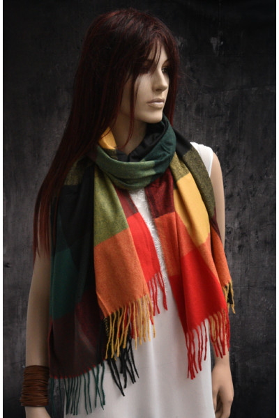 Warme zachte sjaal met blokpatroon, oker, rood, oranje, groen