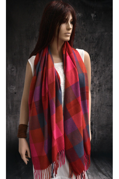 Warme zachte sjaal met blok- of ruitpatroon, fuchsia, petrol, oranje, rood