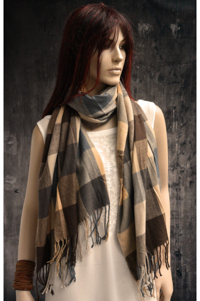 Warme wollen sjaal met ruit- of blokpatroon, bruin, grijs en beige