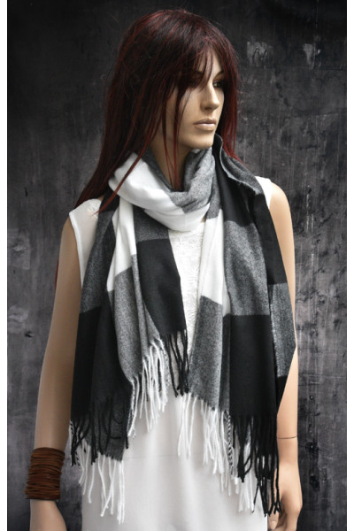 Warme wollen sjaal met ruit- of blokpatroon, zwart, wit en grijs
