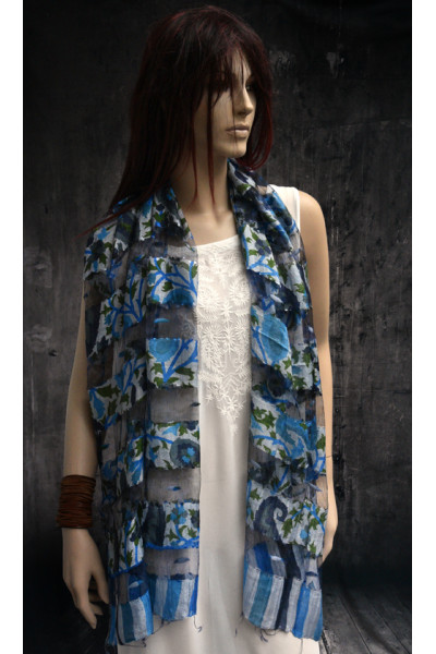 Heel doorzichtig sjaaltje met strepen en bloemen, blauw, groen, grijs