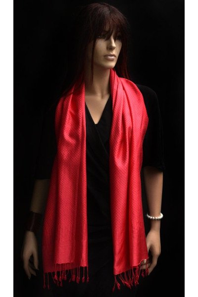 Rood roze zijden sjaal met franjes, jacquard