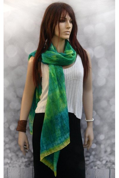 Echte zijden handgeschilderde sjaal, turquoise, middengroen en lentegroen, extra lang
