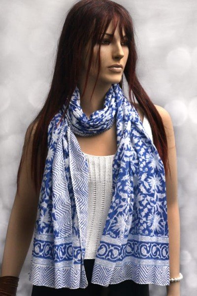 Katoenen origineel blockdrukprint sjaaltje, blauw en wit