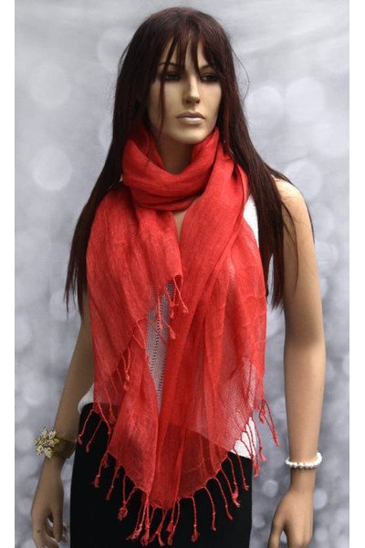 Rode linnen sjaal met franjes, effen