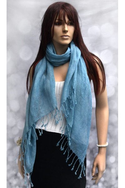 Gedempt blauwe linnen sjaal met franjes