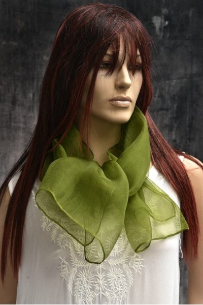 Elegante organza zijden sjaal, cardamom seed, donker groengeel