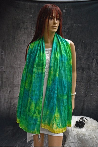 Handgeschilderde zijden pongeesjaal, turquoise, groen, lichtgroen, extra lang