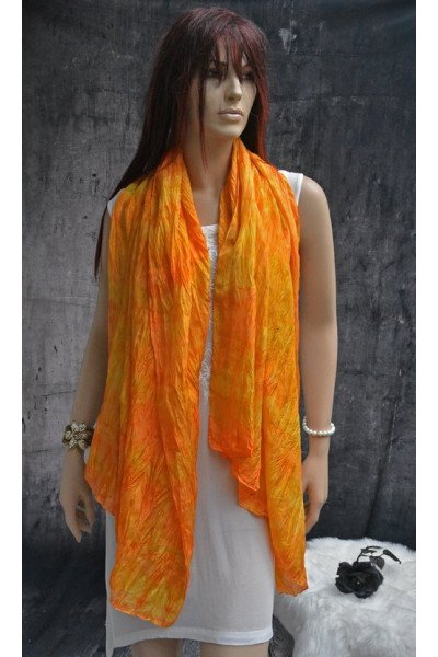 Echte handgeschilderde zijden boho chic sjaal, oranje en goudgeel