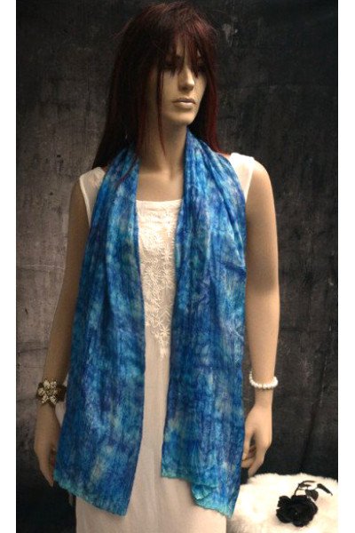 Echte zijden handgeschilderde sjaal, marine, licht zilvergrijs, helder blauw