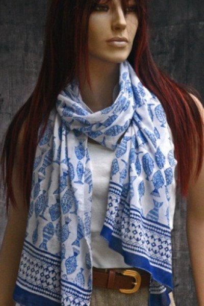 Origineel blockprintsjaaltje, blauw en wit
