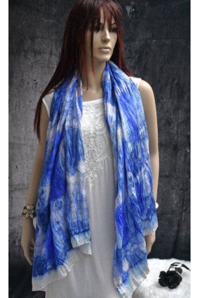 Echte zijden handgeschilderde sjaal, wit, paarsblauw, donkerblauw